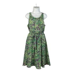 Jessica Howard Sleeveless Dress Size 12 Green Purple Floral Belted Waist Flowy